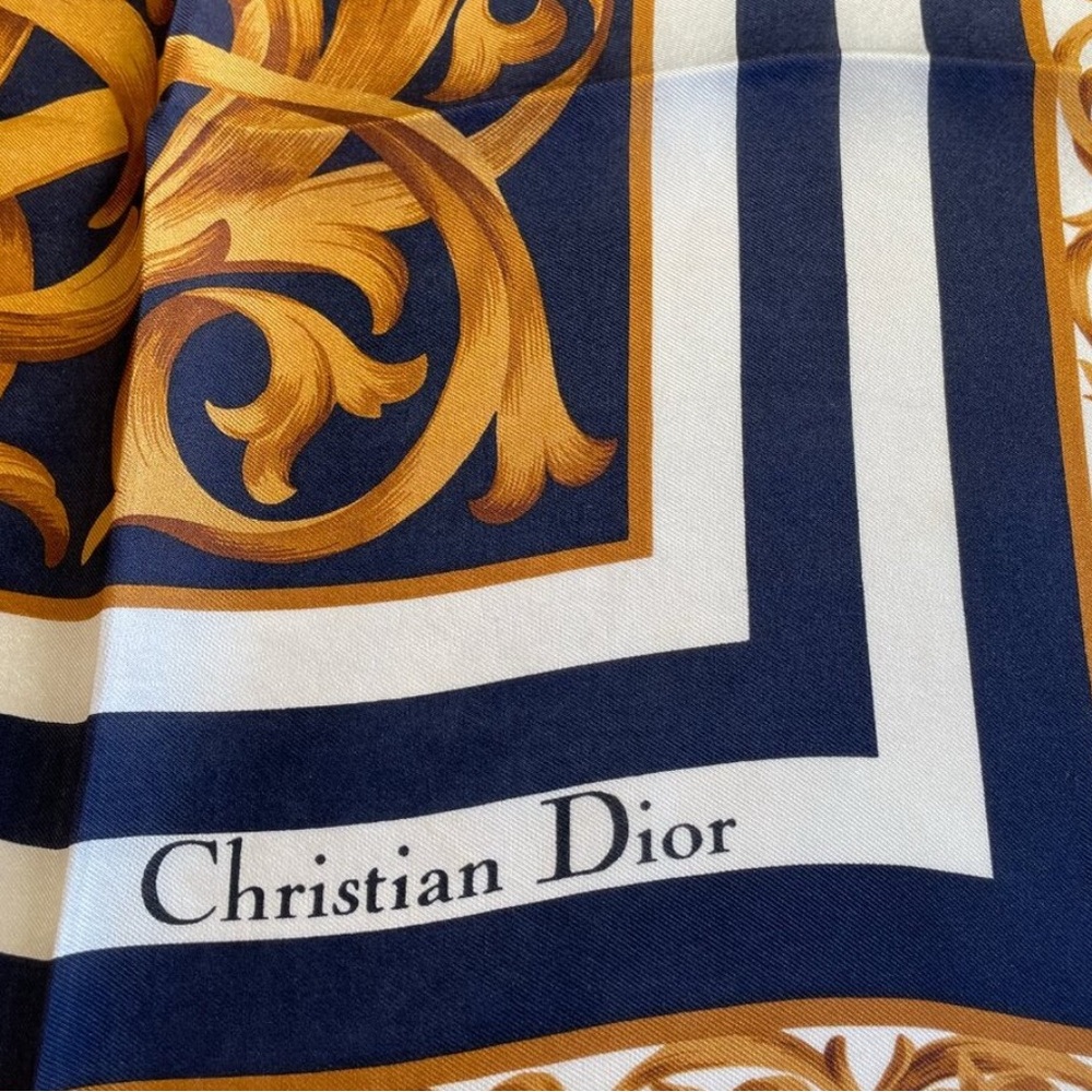 VINTAGE Christian Dior Silk Scarf 32" Baroque Polka Dot Stripe Navy Gold Blue - Picture 9 of 9